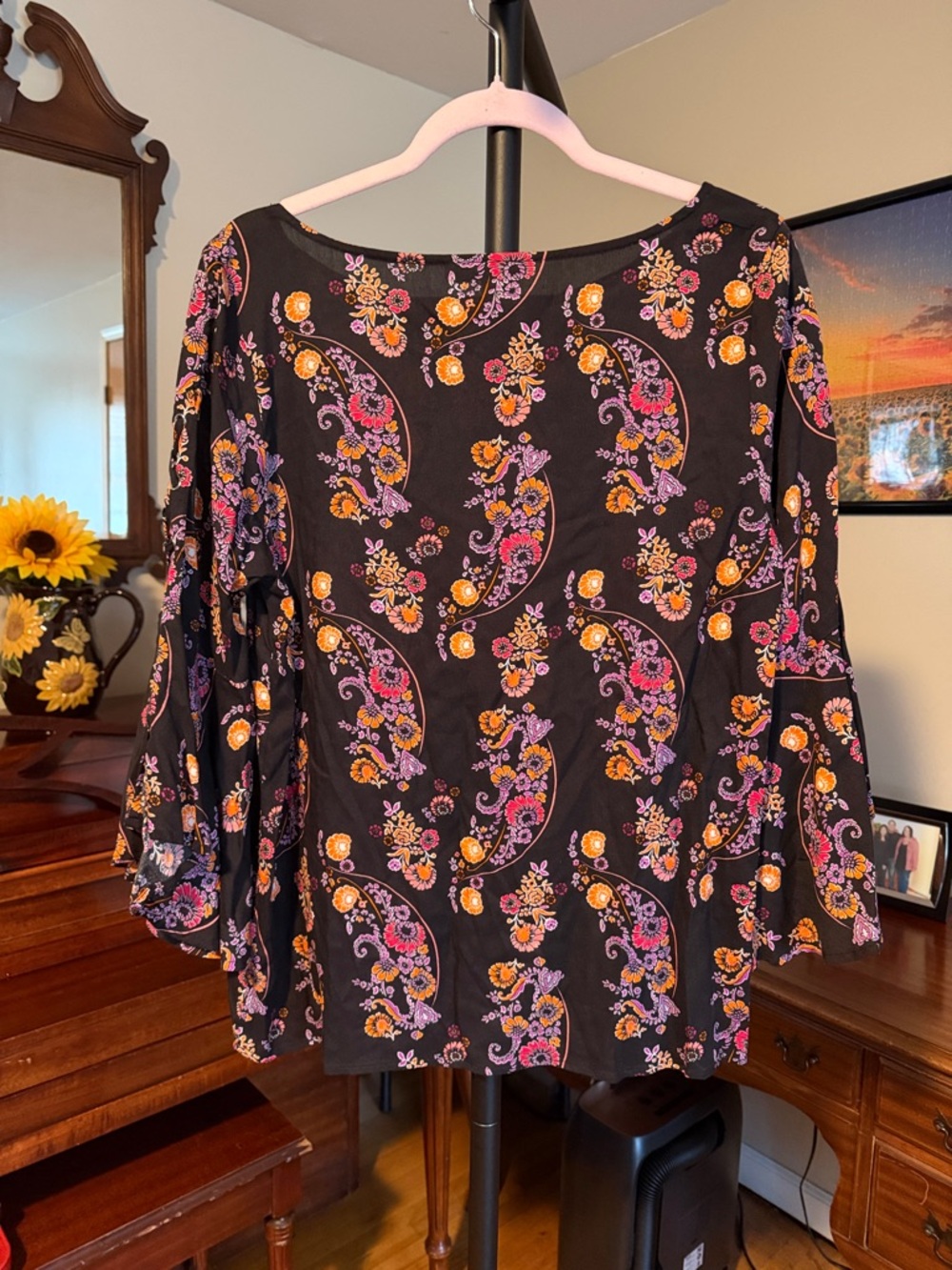 Long-Sleeve Black Floral Paisley Dress with Bell Sleeves - Picture 4 of 5